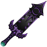 A black sword with a purple glow to it. Its ornate with an eclipse and moon theme. At the end of the hilt is an enderpearl.