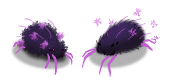 Two drawings of a dark purple, fuzzy and insect-like creature with four small eyes. They have bright purple legs, some single hairs and particles flying around them.